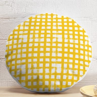 Sarı Zeminde Geometrik Kare Motifli Dekoratif Yuvarlak Yastık Kılıfı