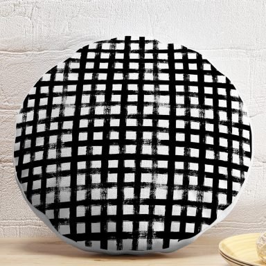 Siyah Zeminde Geometrik Kare Motifli Dekoratif Yuvarlak Yastık Kılıfı