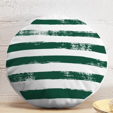 Koyu Yeşil Çizgili Motifli Dekoratif Modern Yuvarlak Yastık Kılıfı