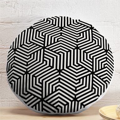 Siyah Beyaz Geometrik Çizim Dijital Baskılı Yuvarlak Kırlent Kılıfı