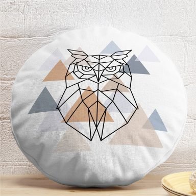 Geometrik Çizimlerden Oluşan Baykuş Motifli Özel Tasarım Yuvarlak Kırlent Kılıfı
