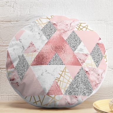 Geometrik Pembe Ve Gri Mermer Motifli Özel Tasarım Yuvarlak Yastık Kılıfı