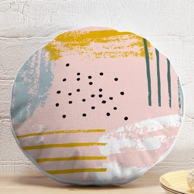 Pembe Zeminde Soyut Sulu Boya Çizimli Dekoratif Yuvarlak Kırlent Kılıfı