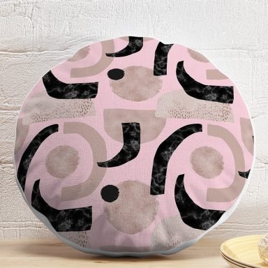Pembe Zeminde Soyut Geometrik Çizim Motifli Yuvarlak Kırlent Kılıfı