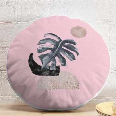 Pembe Zeminde Tropik Yaprak Desen Dijital Baskılı Özel Tasarım Yuvarlak Kırlent Kılıfı