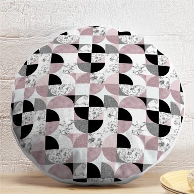 Geometrik Şekiller İçerisinde Fuşya Mermer Desenli Modern Yuvarlak Yastık Kılıfı