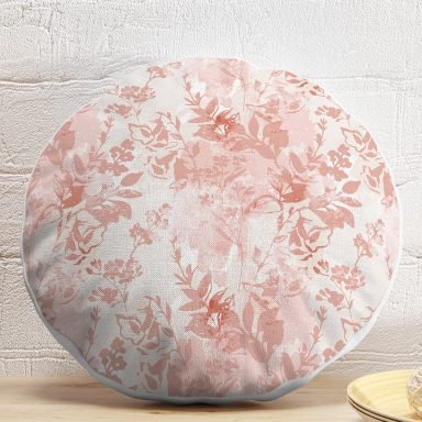 Toz Pembe Çiçek ve Yaprak Tasarım Dijital Baskılı Yuvarlak Kırlent Kılıfı