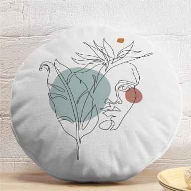 Portre Çizim Üzerinde Yaprak Desenli Dekoratif Yuvarlak Kırlent Kılıfı