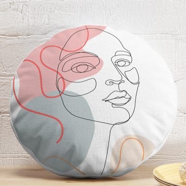 Kırmızı Şeritli Portre Çizimli Dekoratif Modern Yuvarlak Yastık Kılıfı
