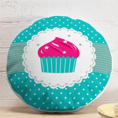 Cup Cake Desenli Dijital Baskılı Dekoratif Yuvarlak Yastık Kırlent Kılıfı