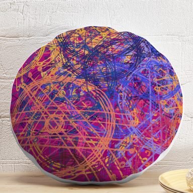 Mor Zeminde Geometrik Çizgi Tasarımlı Dekoratif Yuvarlak Kırlent Kılıfı