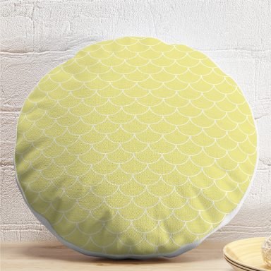 Sarı Geometrik Pul Desenli Dijital Baskılı Dekoratif Yuvarlak Yastık Kırlent Kılıfı