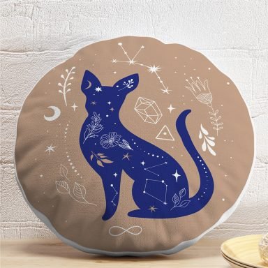 Haki Zeminli Mavi Kedi Desenli Özel Tasarım Yuvarlak Yastık Kılıfı