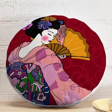 Yelpazeli Japon Kadın Motifli Dekoratif Yuvarlak Yastık Kılıfı