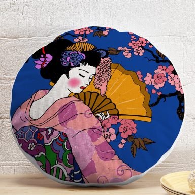 Çiçek Desenli Yelpazeli Japon Kız Motifli Modern Yuvarlak Kırlent Kılıfı