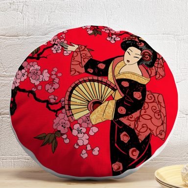Çiçek Desenli Yelpazeli Japon Kız Motifli Modern Yuvarlak Yastık Kılıfı