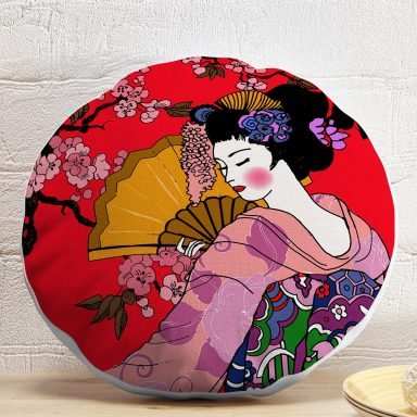 Çiçek Desenli Yelpazeli Japon Kız Motifli Modern Yuvarlak Yastık Kılıfı