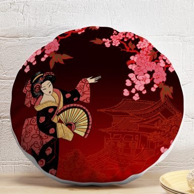 Çiçek Desenli Yelpazeli Japon Kız Motifli Modern Yuvarlak Kırlent Kılıfı