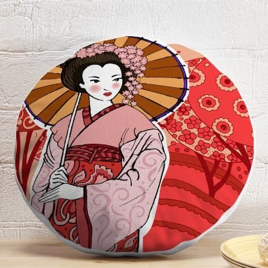 Kahverengi Şemsiyeli Japon Bayan Motifli Dijital Baskılı Yuvarlak Kırlent Kılıfı