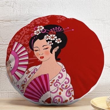 Kırmızı Zeminli Pembe Yelpazeli Japon Kız Dijital Baskılı Dekoratif Yuvarlak Yastık Kılıfı