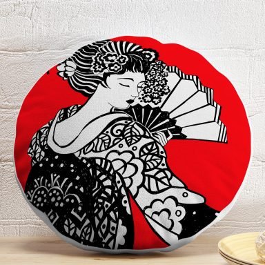 Kırmızı Zeminde Gri Japon Kız Motifli Yuvarlak Yastık Kılıfı