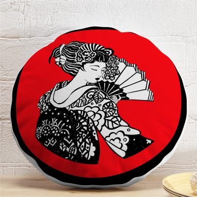 Siyah ve Kırmızı Zeminde Gri Japon Kız Motifli Yuvarlak Yastık Kılıfı