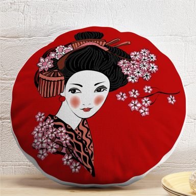 Siyah ve Kırmızı Zeminde Papatya Tasarımlı Japon Kız Modern Yuvarlak Yastık Kılıfı