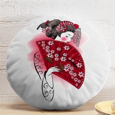 Kırmızı Yelpazeli Şaman Japon Kadın Motifli Yuvarlak Kırlent Kılıfı