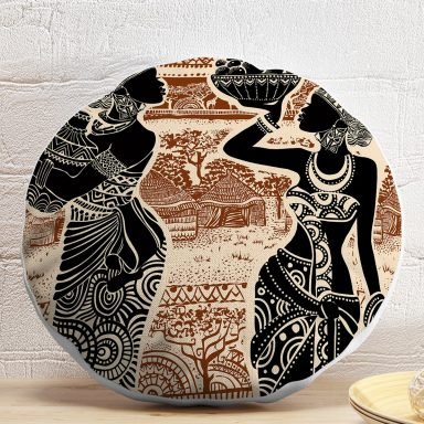 Etnik Desen Zeminli Afrika Kadın Motifli Dekoratif Yuvarlak Yastık Kılıfı