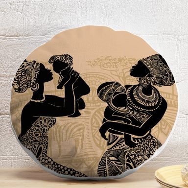 Etnik Desen Zeminli Bebekli Afrika Kadın Motifli Modern Yuvarlak Kırlent Kılıfı