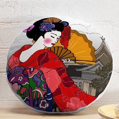 Etnik Desen Zeminli Sarı Yelpazeli Japon Kadın Motifli Yuvarlak Kırlent Kılıfı