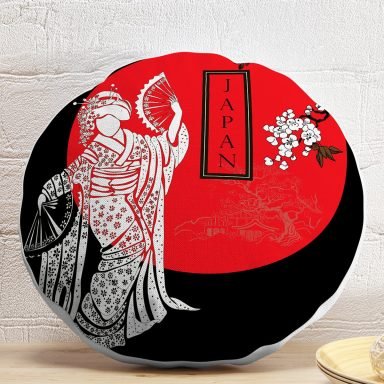 Beyaz Dal Desenli Çift Yelpazeli Japan Kadın Modern Yuvarlak Yastık Kılıfı