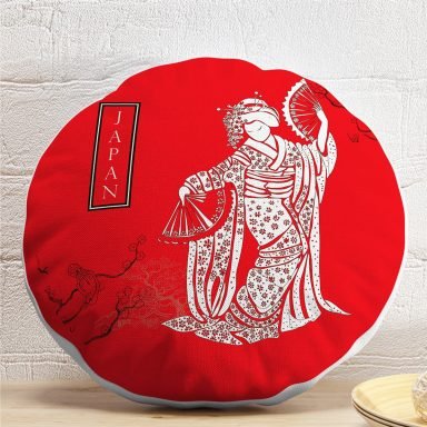 Ağaç Dal Motifli Japan Kız Motifli Dekoratif Yuvarlak Kırlent Kılıfı
