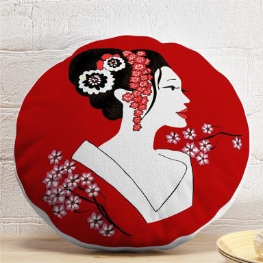 Siyah ve Kırmızı Zeminli Japon Kız Modern Yuvarlak Kırlent Kılıfı