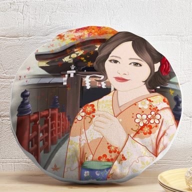 Japon Kültürü Zeminli Modern Yuvarlak Kırlent Kılıfı