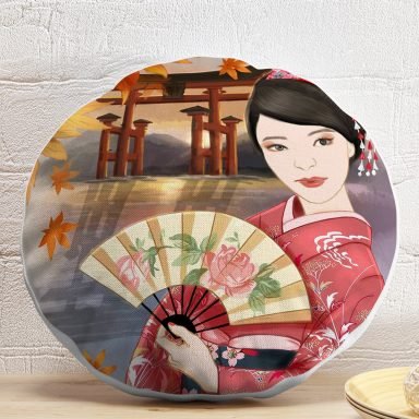 Gül Motifli Yelpaze Tutan Japon Kadın Motifli Dekoratif Yuvarlak Kırlent Kılıfı