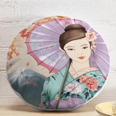 Şemsiyeli Japon Kız Motifli Dekoratif Yuvarlak Kırlent Kılıfı