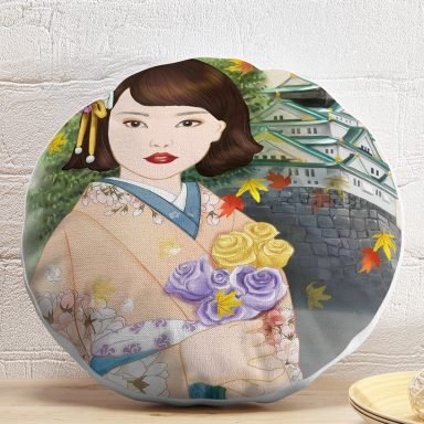 Japon Kültürü Zeminli Gül Tutan Japon Kadın Modern Yuvarlak Kırlent Kılıfı