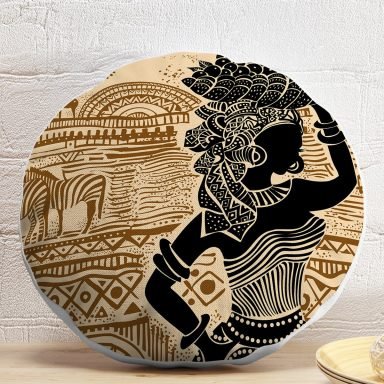 Etnik Desen Zeminli Afrika Kadın Motifli Dekoratif Yuvarlak Yastık Kılıfı