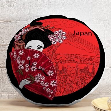 Kırmızı Yelpazeli Şaman Japan Kadın Dijital Baskılı Yuvarlak Kırlent Kılıfı
