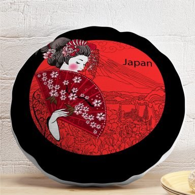 Kırmızı Yelpazeli Şaman Japan Kadın Dekoratif Yuvarlak Yastık Kılıfı
