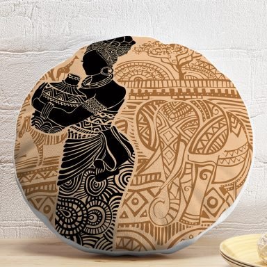 Etnik Desen Zeminli Afrika Kadın Motifli Dekoratif Yuvarlak Yastık Kılıfı