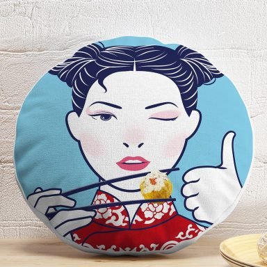 Suşi Yiyen Japon Kız Desenli Modern Yuvarlak Kırlent Kılıfı