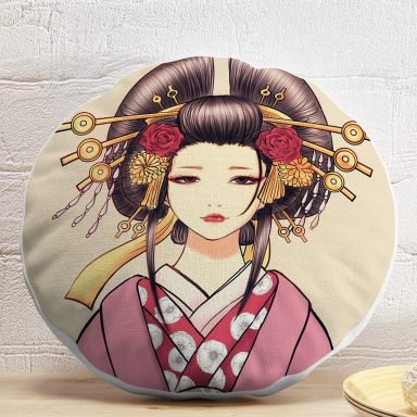 Masum Baskan Japon Kız Motifli Modern Yuvarlak Kırlent Kılıfı