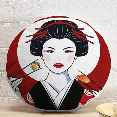 Suşi Yiyen Japon Kız Motifli Modern Yuvarlak Yastık Kılıfı