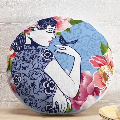 Kuş ve Gül Detaylı Kadın Motifli Dekoratif Yuvarlak Kırlent Kılıfı