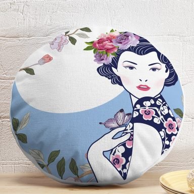 Çiçek Detaylı Modern Kadın Motifli Dekoratif Yuvarlak Yastık Kılıfı