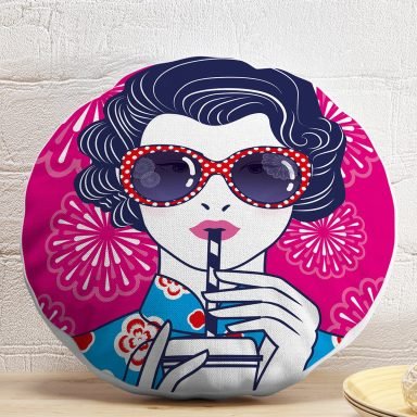 Pembe Zeminde Havai Fişek Figürlü Gözlüklü Fashion Girl Modern Yuvarlak Kırlent Kılıfı