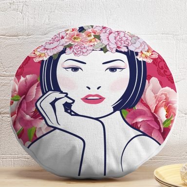 Çiçek Taçlı Japon Kadın Figürlü Dekoratif Yuvarlak Kırlent Kılıfı