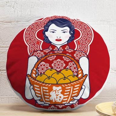 Meyve Sepetli Japon Kadın Desenli Modern Yuvarlak Yastık Kılıfı